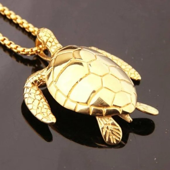 Large Gold‎ Sea Turtle Pendant Necklace Stainless Steel Big Jewelry Men, Womans - Picture 1 of 4